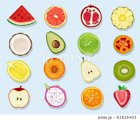 Half fruits circle icons. Cute cartoon healthy vegan natural products plants food orange lemon apple vector clipart set Half fruits circle icons. Cute cartoon healthy vegan natural products plants food orange lemon apple vector clipart set 63826403