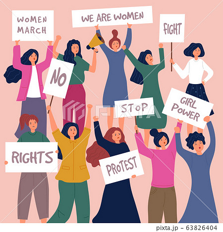 Feministic meeting. Woman protest female young characters with placards politic actions vector crowd people Feministic meeting. Woman protest female young characters with placards politic actions vector crowd people 63826404