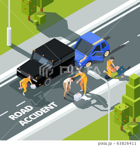 Accidence road. Paramedic first aid help to people police and medical workers vector isometric background Accidence road. Paramedic first aid help to people police and medical workers vector isometric background 63826411