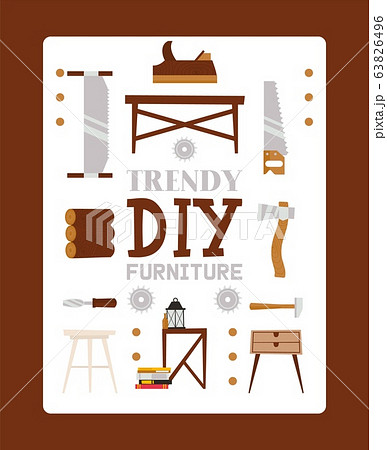 Trendy DIY furniture from wood material, chair, table, saw, jigsaw, axe, flat vector illustration. Web banner, timber poster. 63826496