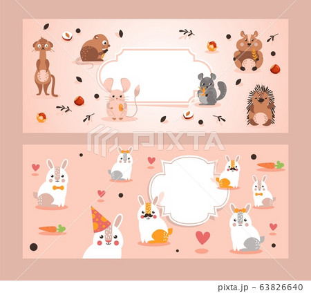 Ferret, squirrel, hare, hamster, hedgehog, rabbit cute character, invitation card with text place, flat vector illustration. 63826640