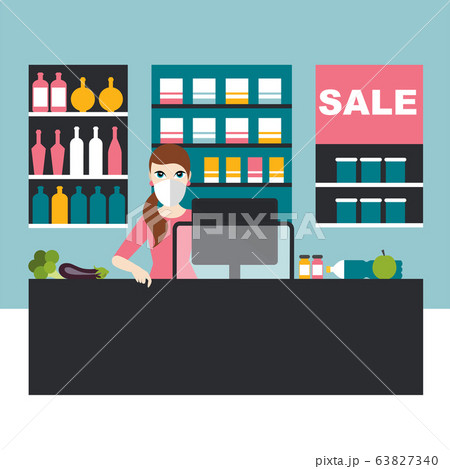 Cashier woman in the supermarket wear mask to prevent corona virus. Flat vector. Cashier woman in the supermarket wear mask to prevent corona virus. Flat vector. 63827340