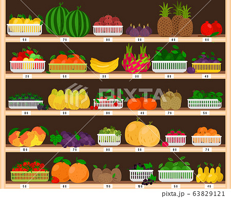 Fruits supermarket shelves. Food farm store interior with fruit showcase, fresh grocery shop with eco ripe apples and strawberries, dragonfruit and pineapples 63829121