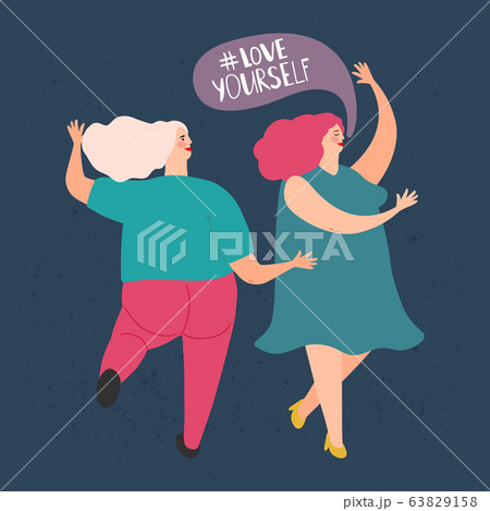 Two plump dancing women. Vector love yourself concept 63829158
