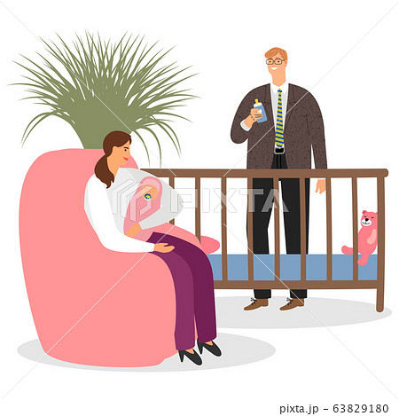 Happy parenthood vector. Mother, father, baby in in the childrens room illustration Happy parenthood vector. Mother, father, baby in in the childrens room illustration 63829180
