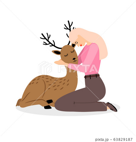 Girl with deer animal. Cartoon pretty woman with beautiful baby deer vector illustration Girl with deer animal. Cartoon pretty woman with beautiful baby deer vector illustration 63829187