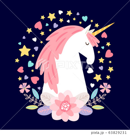 Vector cartoon character unicorn with flowers, hearts and stars 63829231