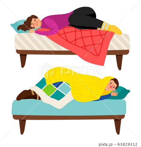 Depressed woman and man in bed - depression vector concept Depressed woman and man in bed - depression vector concept 63829312