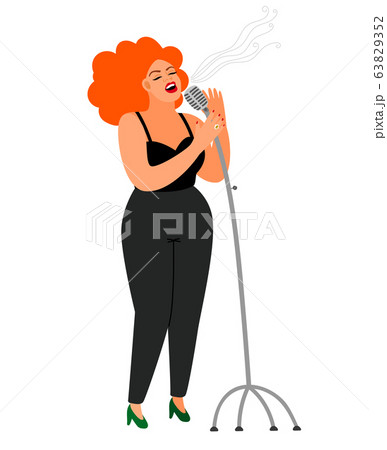 Woman jazz singer. Female redhead music player isolated on white, vector karaoke singing with retro microphone Woman jazz singer. Female redhead music player isolated on white, vector karaoke singing with retro microphone 63829352