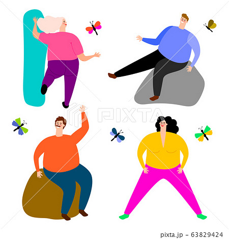 Cute people, single women and men sitting and dancing with butterflies isolated on white background 63829424