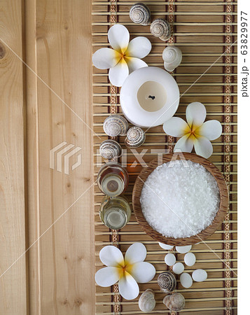 Shells,massage oils and tiare flowers on the Shells,massage oils and tiare flowers on the 63829977