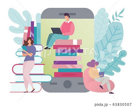 Read book vector illustration, flat tiny cartoon woman man student character study in library, reading textbook, ebook, literature on laptop 63830507