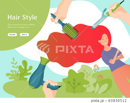 Woman hairdresser vector illustration, flat happy cartoon young girl character with long red hair on tress curling, drying haircare poster 63830512