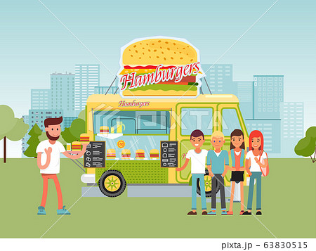 City food truck vector illustration, street truck or van selling various burger menu, people buying hamburger in park festival market 63830515