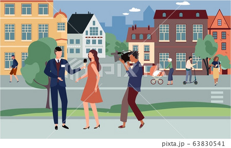 Journalist interviews celebrity vector illustration, cartoon man character with microphone interviewing celebrity woman on street 63830541