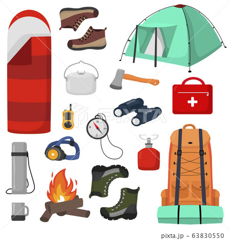 Camping objects, set of vector illustrations isolated on white, flat style, equipment and accessories for hiking, trekking and outdoor activities. 63830550