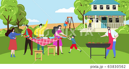 Happy family on barbecue party picnic at home backyard, people grill summer cookout, vector illustration 63830562
