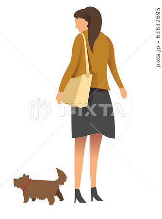 Female in casual clothes and high heels walking with dog vector 63832695