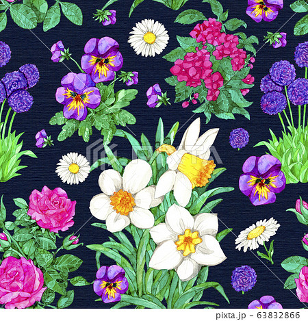 Seamless pattern with Narcissus, pansy, rose flower on blue background. 63832866