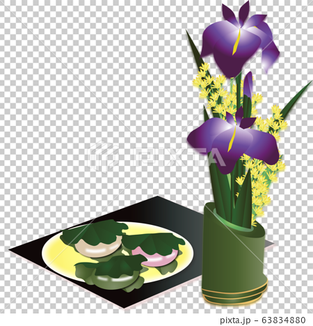 端午の節句の柏餅と菖蒲の花を竹筒に生けた生け花のイラストカット素材のイラスト素材 6340