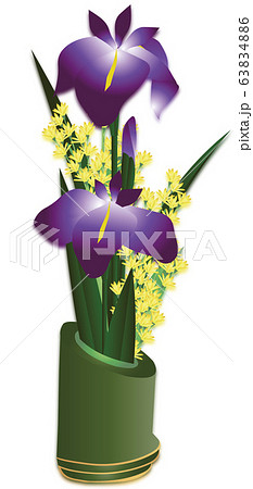 菖蒲の花を竹筒に生けた生け花のイラストカット素材のイラスト素材 6346