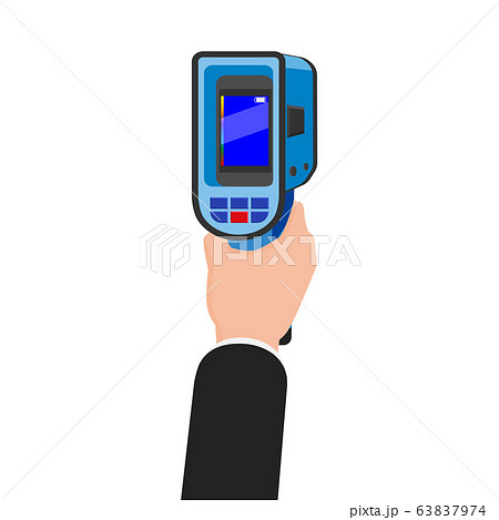 Hand holds Thermal scaner camera infrared. Portable Visualize temperature differences thermometer, thermographic for the environment and people. Vector illustration isolated Hand holds Thermal scaner camera infrared. Portable Visualize temperature differences thermometer, thermographic for the environment and people. Vector illustration isolated 63837974