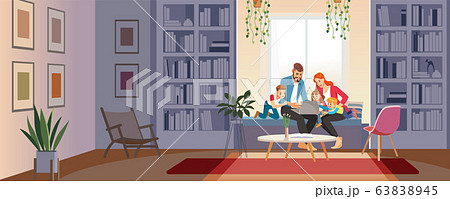 Home schooling concept. Family at home with tutor or parent getting education at home. Big family conversation via video conference in home library looking at laptop. Cartoon vector illustration 63838945