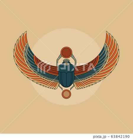 Colorful illustration of the Egyptian scarab beetle, personifying the god Hepri. 63842190