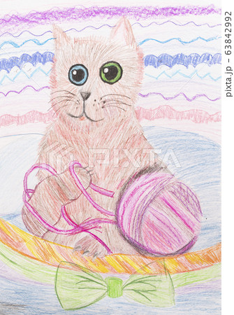 Children pencil drawing of a cat view Children pencil drawing of a cat view 63842992