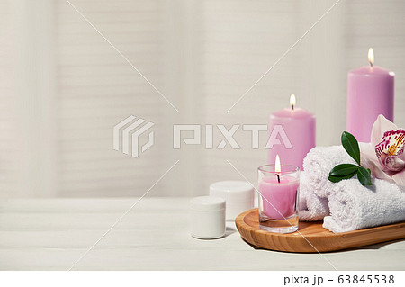 Spa treatments on white wooden table 63845538