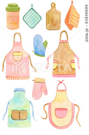 watercolor kitchen utensils, accessories - aprons, dish towels, cut board, spoon watercolor kitchen utensils, accessories - aprons, dish towels, cut board, spoon 63846699