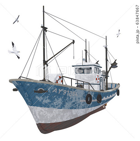 Fishing trawler with seagulls isolated on white background 63847667