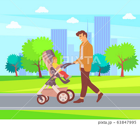 Father Walking Child in Perambulator, City Walk Father Walking Child in Perambulator, City Walk 63847995