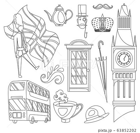 Hand drawn doodle United Kingdom. Set vector illustration UK icons. Welcome to London elements. Britannia symbols collection. Sketch coloring style 63852202