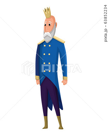 Cartoon king wearing crown and mantle. Kingin standing military uniform. Color vector illustration Cartoon king wearing crown and mantle. Kingin standing military uniform. Color vector illustration 63852234