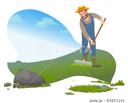 Farming Man Using Rakes, Male Working on Farm 63853141