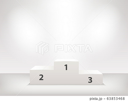 Round podium illuminated by searchlights. Black round podium on dark background. Platform illuminated by spotlights. Blank background with copy space. Vector illustration. 63853468