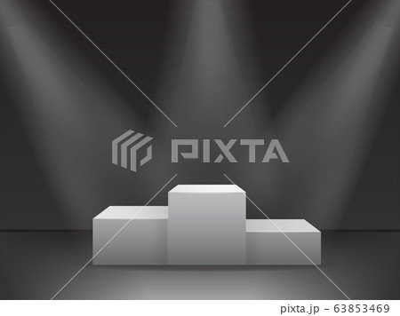 Round podium illuminated by searchlights. Black round podium on dark background. Platform illuminated by spotlights. Blank background with copy space. Vector illustration. 63853469