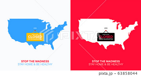 Usa map silhouette with hanging sign plate. Closed for quarantine due to coronavirus. Usa map silhouette with hanging sign plate. Closed for quarantine due to coronavirus. 63858044