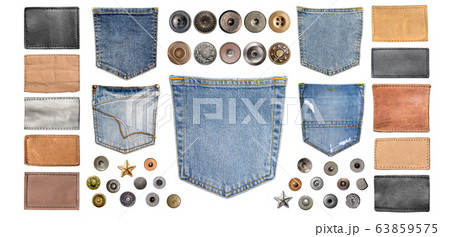 collection of various jeans parts on white 63859575