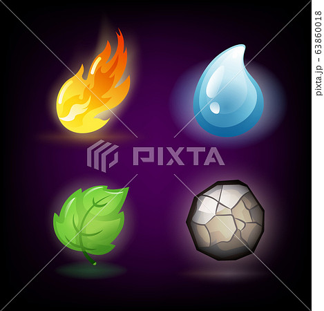 Four forces or nature elements - Water, Fire, Earth, Air. Design elements on dark background. Templates for renewable energy or ecology logos, emblems or cards. Alternative energy sources 63860018