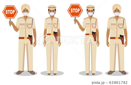 Police and quarantine concept. Couple of indian policeman and policewoman in traditional uniforms and protective masks standing together on white background in flat style. Vector illustration. 63861782