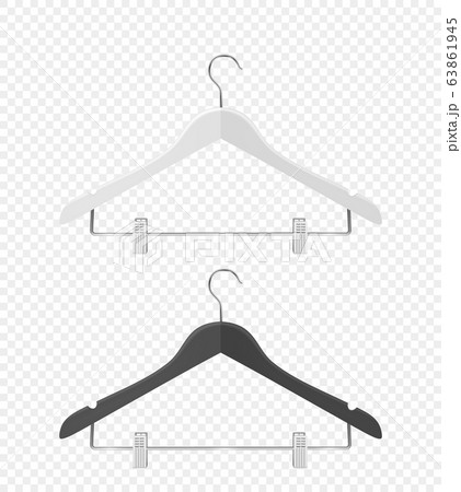 Vector 3d Realistic Clothes Coat Wooden Textured Black, White Hanger Set Closeup Isolated on Transparent Background. Design Template, Clipart or Mockup for Graphics, Advertising etc. Front, Top View Vector 3d Realistic Clothes Coat Wooden Textured Black, White Hanger Set Closeup Isolated on Transparent Background. Design Template, Clipart or Mockup for Graphics, Advertising etc. Front, Top View 63861945