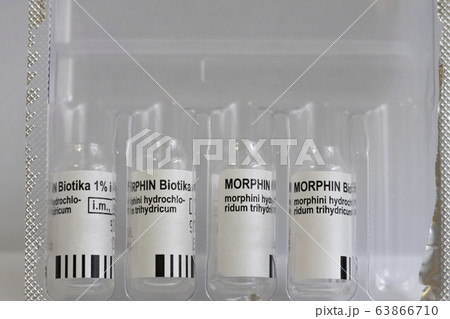 Used vials of injectable solution Morphine in a box. Morphine is strong painkiller and reduces the perception of dyspnea Used vials of injectable solution Morphine in a box. Morphine is strong painkiller and reduces the perception of dyspnea 63866710
