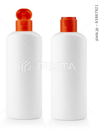 white plastic bottle with red cover with shampoo on white background white plastic bottle with red cover with shampoo on white background 63867921