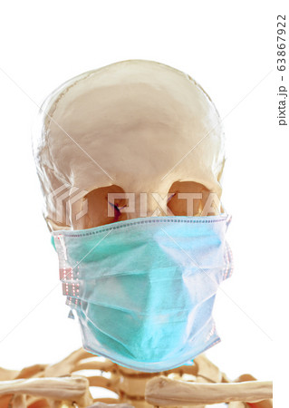 Human skull in simple thin medical mask for protection against viral infection 63867922