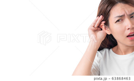 Asian woman wear white t-shirt  hearing loss or 63868463