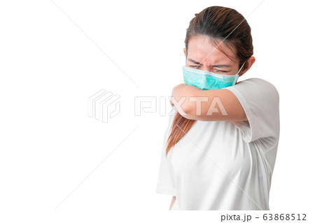 Asian woman coughing in her elbow and wear Asian woman coughing in her elbow and wear 63868512
