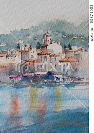 ヨーロッパの港町 プロヴァンス 水彩画 風景画のイラスト素材