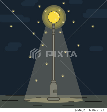 Single street lamp with flying glowworms on night Single street lamp with flying glowworms on night 63872374